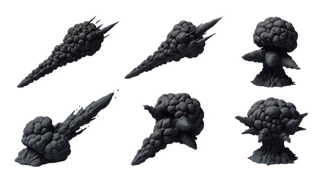 simulated explosions of dark smoke plumes against a clean white backdrop used in visual effects simulations and illustrations
