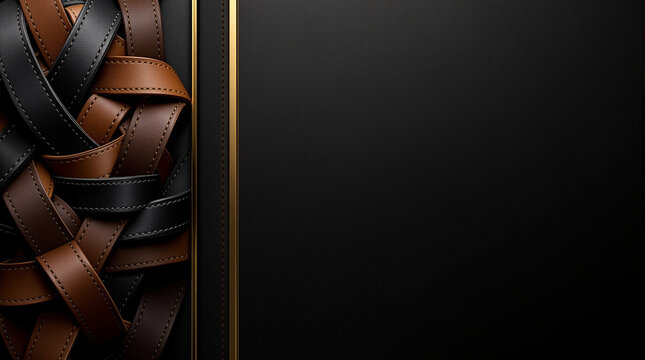 Minimalist luxury product display background featuring braided black and brown leather straps with gold trim.