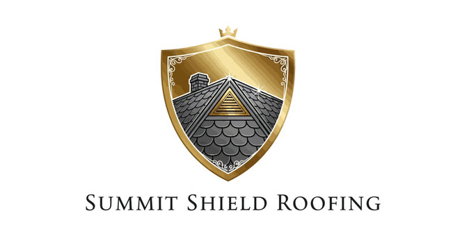 Roofing company logo with shield emblem.