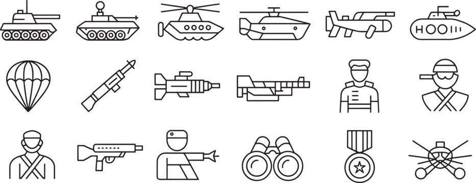 Military Vehicle and Combat Icons Set with Tank, Submarine, Drone, Infantry, Paratrooper and Missile Line Art