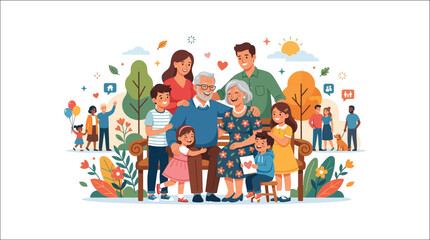 Fototapeta premium Large happy extended family spending time together in public park illustration.