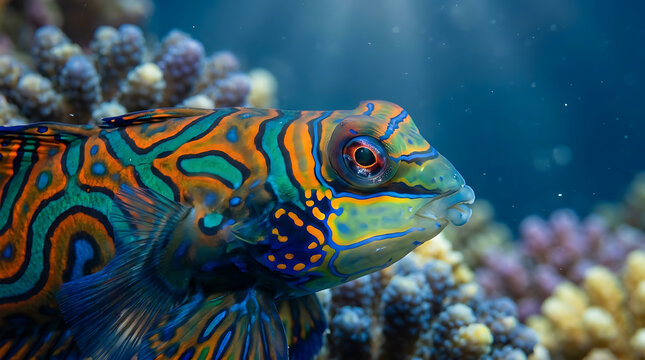 Mandarin Fish Macro Portrait with Blue Coral Reef Bokeh