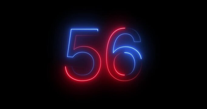 Glowing neon 56 text number animation on black background. Bright neon 56 number symbol. glowing neon number animation concept