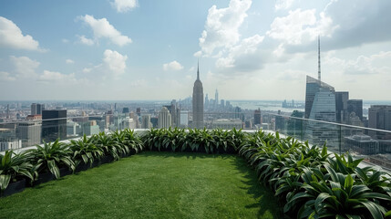 Obraz premium Luxury rooftop garden with panoramic city skyline and dramatic clouds, calm atmosphere