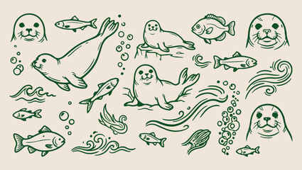 Seal aquatic life pattern, arctic ocean sketch, minimal animal illustration, clean wildlife art, modern nature design, isolated seal vector, premium ocean background, organic design print seal, aquati © Geetaroy