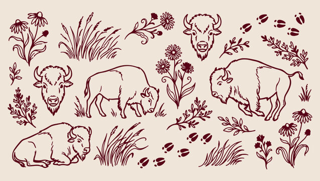 Buffalo meadow nature pattern, wild bison sketch, minimal animal illustration, clean wildlife art, modern nature design, isolated bison vector, premium field background, organic design print
buffalo, 