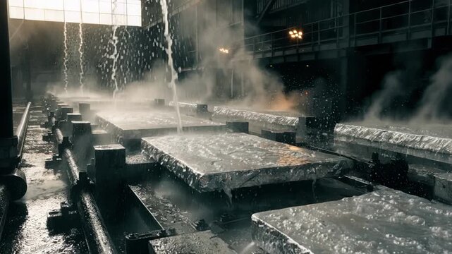 Medium shot of aluminum solidified in a casting pit during continuous casting emphasizing the cooling process and labor equipment in the industrial setting