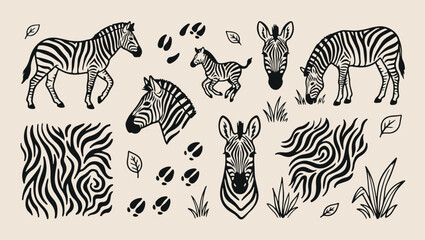 Fototapeta premium Wild zebra savanna animal wildlife pattern, minimal vector illustration, line art design, monoline style, clean modern graphics, isolated on background, premium decorative element fresh, print, tropic
