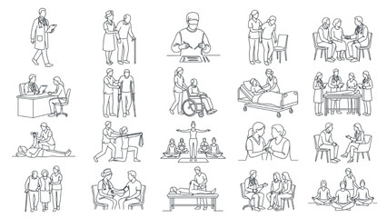 Fototapeta premium A collection of line art illustrations depicting various medical and healthcare scenarios, including doctors, patients, and medical procedures