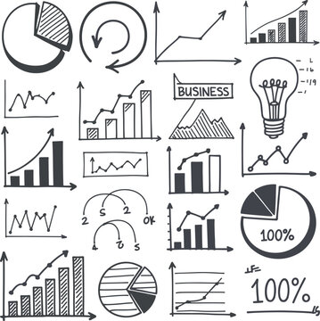 Collection of handdrawn charts and graphs representing business growth and analysis