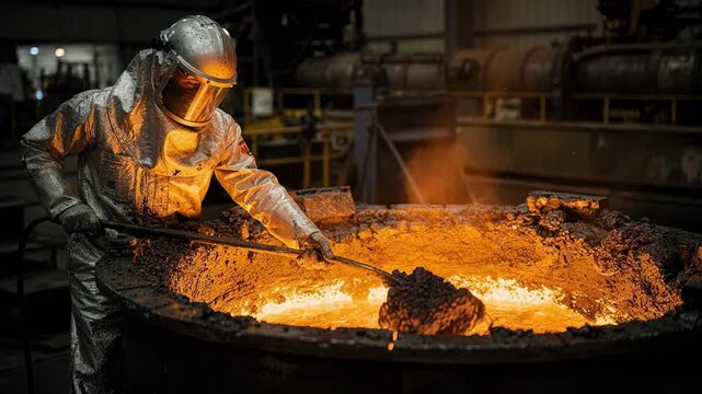 Medium shot capturing the precise removal of slag from the bubbling molten alloy inside the induction furnace to ensure purity and quality