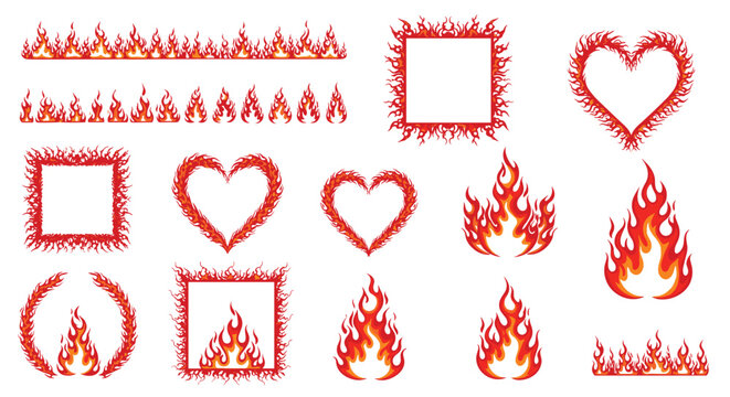 Collection of fire and flame design elements including borders, heart shapes, and individual bursts in a pixel art style.