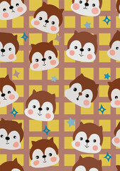 Obraz premium Seamless pattern with star and squirrels, vector drawing plants and animals at brown check background, hand drawn botanical illustration, commercial, advertise.
