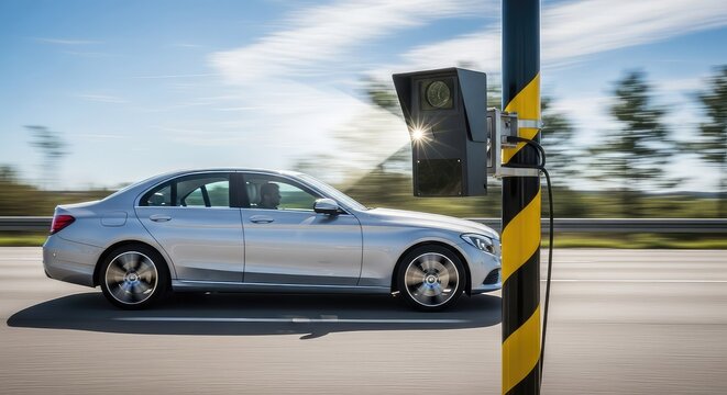 A silver sedan travels past a roadside speed camera emitting a bright flash for traffic enforcement and road surveillance in broad daylight, law, electronic, silver