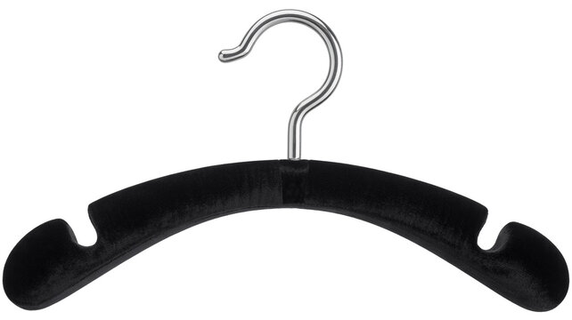 Black velvet hanger with shaped shoulders and silver hook on white background