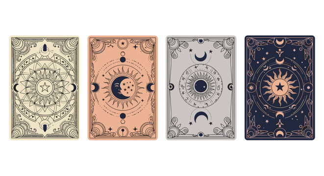 Set of four mystical card backs decorated with intricate sun and moon symbols and astrological motifs in a vintage style.