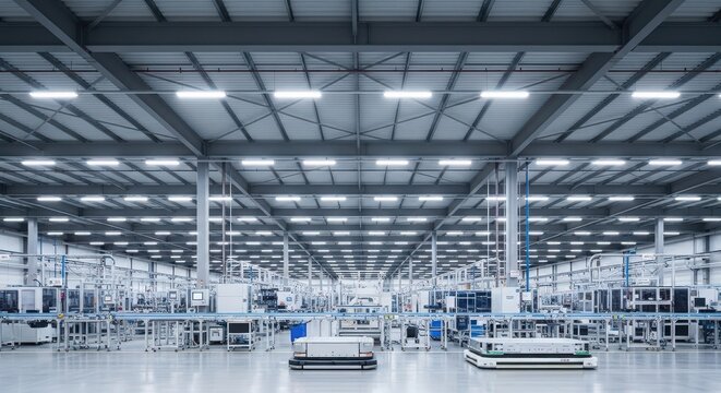 Modern automated factory floor with autonomous mobile robots amrs moving along a production line in a large, hightech industrial warehouse facility