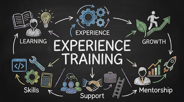 Visualizing the continuous cycle of business growth through experience training, learning, skills development, and mentorship for corporate success