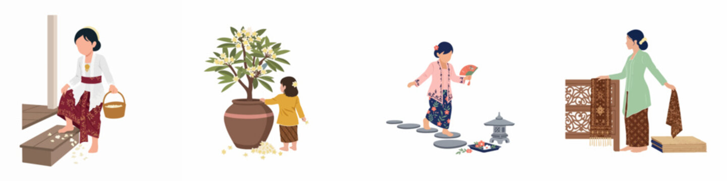 Set of Indonesian women and children in traditional kebaya and sarong performing cultural activities, isolated flat vector illustrations on white background.