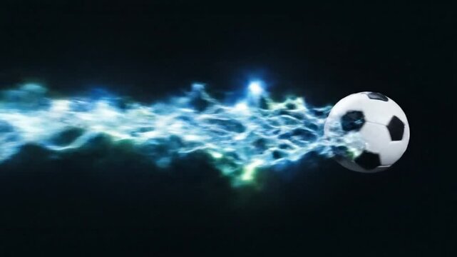 Dynamic motion blur of glowing soccer balls with electric energy trails in dark space 4k video
