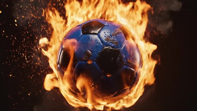 Soccer ball on fire with flames and sparks flying 4k video