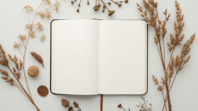Open blank journal with dried botanical elements arranged around for calm natural still life