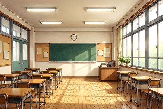 学校の教室背景 黒板と差し込む自然光 アニメ風 コピースペース付き 16:9