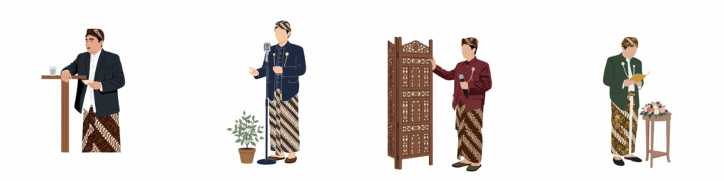 Collection of flat vector illustrations of Javanese men in traditional attire performing various roles during a wedding ceremony on a white background.