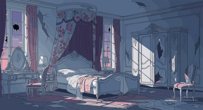 Dilapidated grand bedroom with broken windows and cracks in the walls featuring a tattered canopy bed in pixel art style.