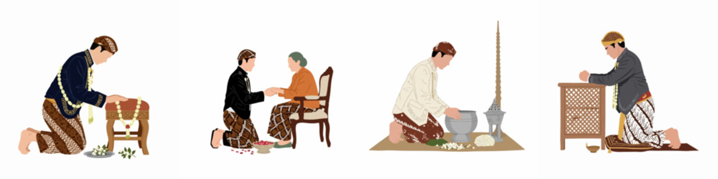Illustrations of traditional Javanese wedding rituals featuring the sungkeman ceremony, prayers, and preparations in authentic Indonesian cultural attire and customs.