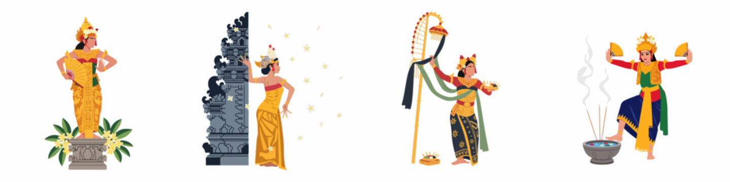 Illustrations of Balinese Dancers and Women in Traditional Attire Featuring Temple Elements, Offerings, and Frangipani Flowers on a White Background.