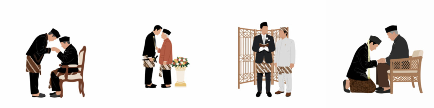 Illustration set of traditional Javanese wedding customs and rituals showing men in ethnic attire performing sungkeman and other cultural ceremonies.