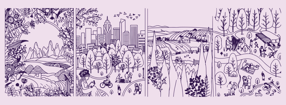 City crowd urban lifestyle sketch, metropolitan people activity illustration, minimal vector line art artwork, elegant monoline cityscape design, modern community outline visuals, isolated white backg