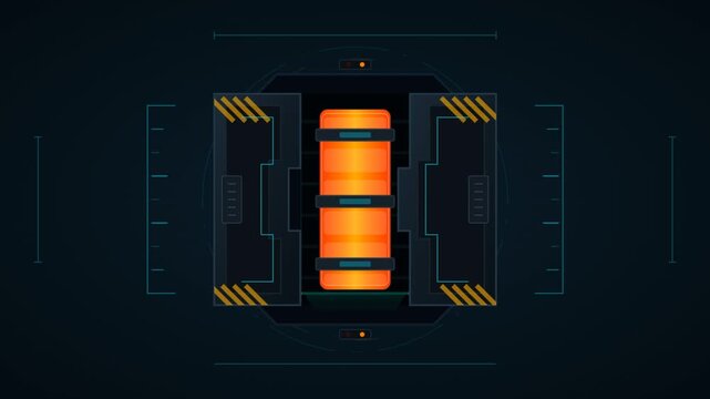 Sci-fi mechanical hatch opening to reveal a glowing energy core