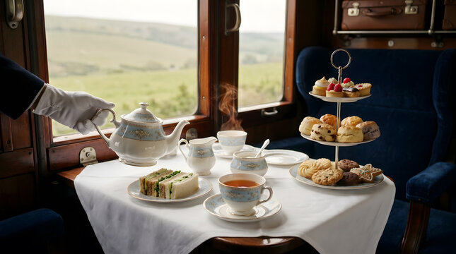 Vintage First Class Train Afternoon Tea Service Fine China Silver Stand Countryside Window