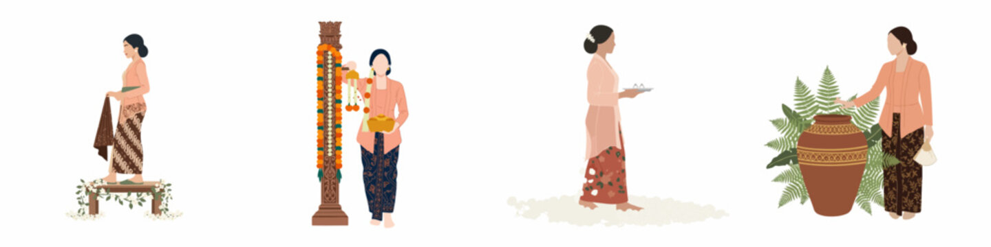Collection of minimalist flat illustrations depicting traditional Javanese Indonesian wedding ceremony rituals with women wearing kebaya and batik sarongs.