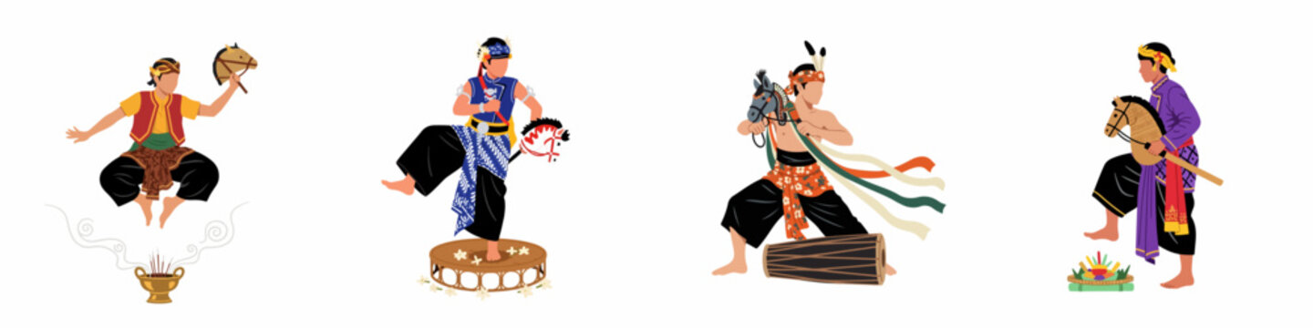 Collection of traditional Indonesian Kuda Lumping dancers in vibrant costumes, performing Javanese folk dance with bamboo horses and cultural offerings.
