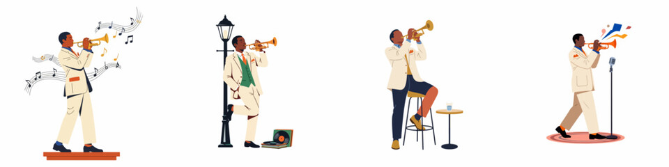 Set of illustrations depicting an African American jazz musician in a suit playing the trumpet in various settings on a white background. © Nadya