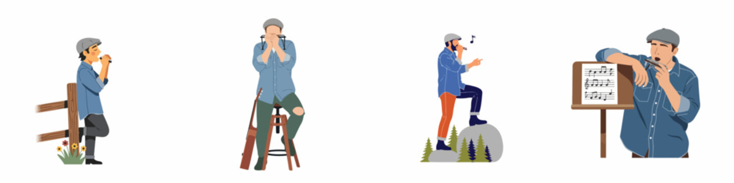 Set of illustrations depicting a male musician in various poses playing the harmonica, featuring a casual style with denim shirts and flat caps.