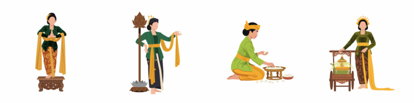 Flat illustration set of Javanese women in traditional kebaya and batik attire performing various cultural activities and ceremonies on white background.