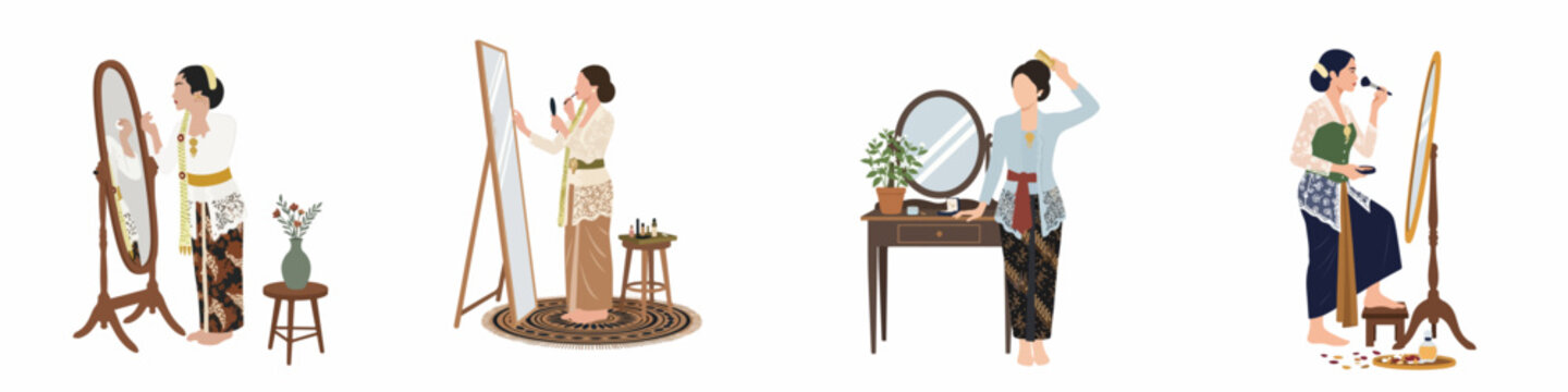 Collection of illustrations showing Indonesian women in traditional kebaya and batik attire getting ready and applying makeup in front of a mirror.