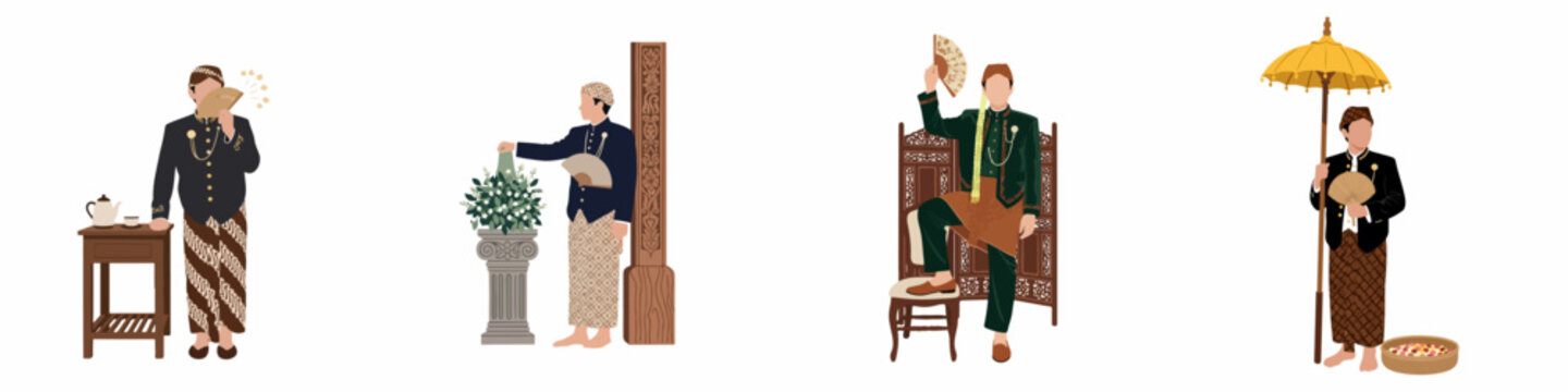 Collection of flat illustrations of men in traditional Javanese wedding attire, beskap, and blangkon, representing Indonesian culture, heritage, and marriage customs.