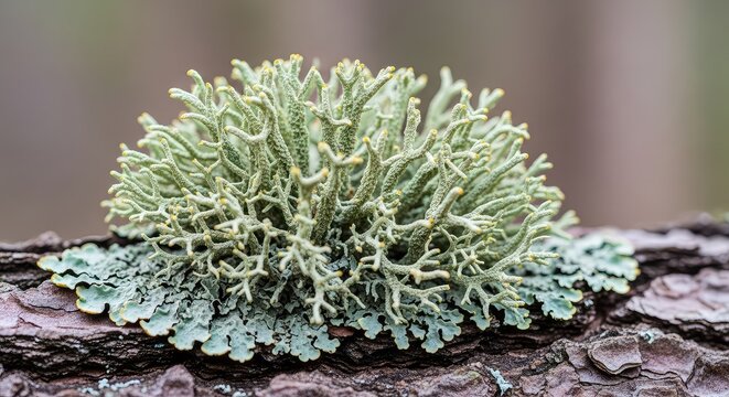 Detailed macro view of oakmoss lichen showing dense bushy branches in a pale greenish gray shade attached to bark in a woodland setting, outdoor, bushy, surface