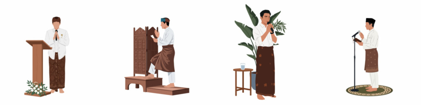 Set of flat illustrations of a Muslim man in traditional attire performing religious activities like preaching and praying on a white background.