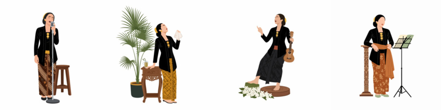 Set of illustrations depicting a Javanese woman in traditional kebaya singing and playing music in various artistic poses on a white background.