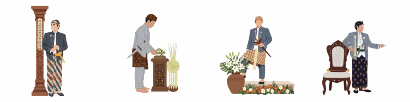 Set of illustrations depicting Javanese grooms in traditional Indonesian wedding attire including beskap, blangkon, and batik in various ceremonial poses.