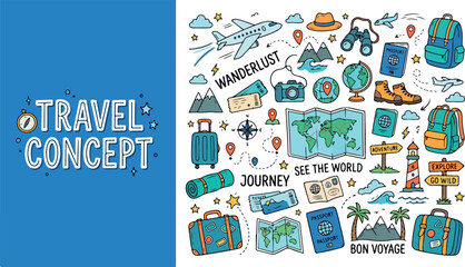 Creative illustration for travel concept, with iconic symbols and typography, perfect for adventure and exploration themes © FRIDA STORE