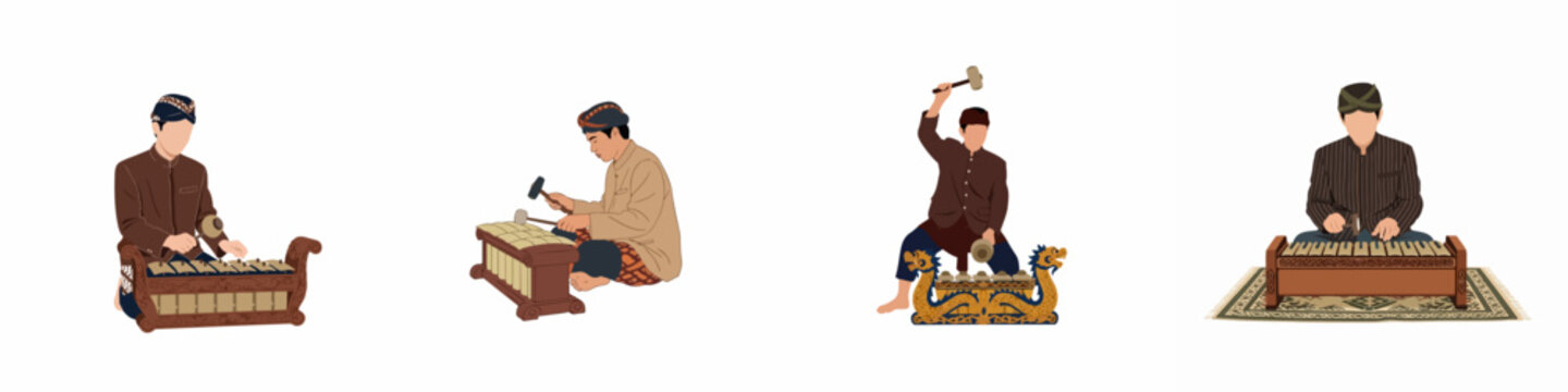 Set of illustrations showing Javanese musicians playing traditional gamelan instruments like saron and bonang in traditional attire.