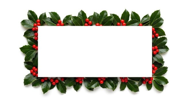 Festive Christmas border with dark green holly leaves and bright red winter berries surrounding a blank white center for seasonal designs, space, celebration, overhead