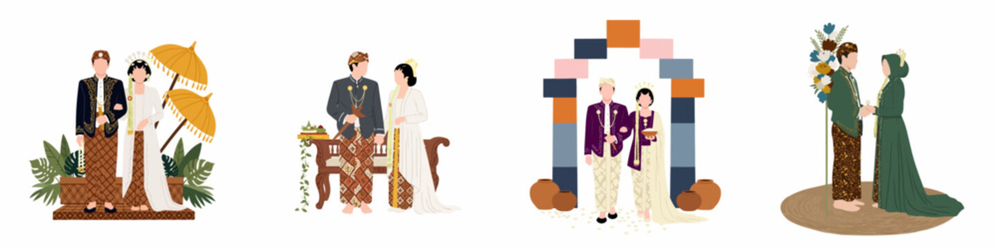Collection of flat vector illustrations featuring diverse Indonesian Javanese couples in traditional wedding attire for various ceremonial settings.